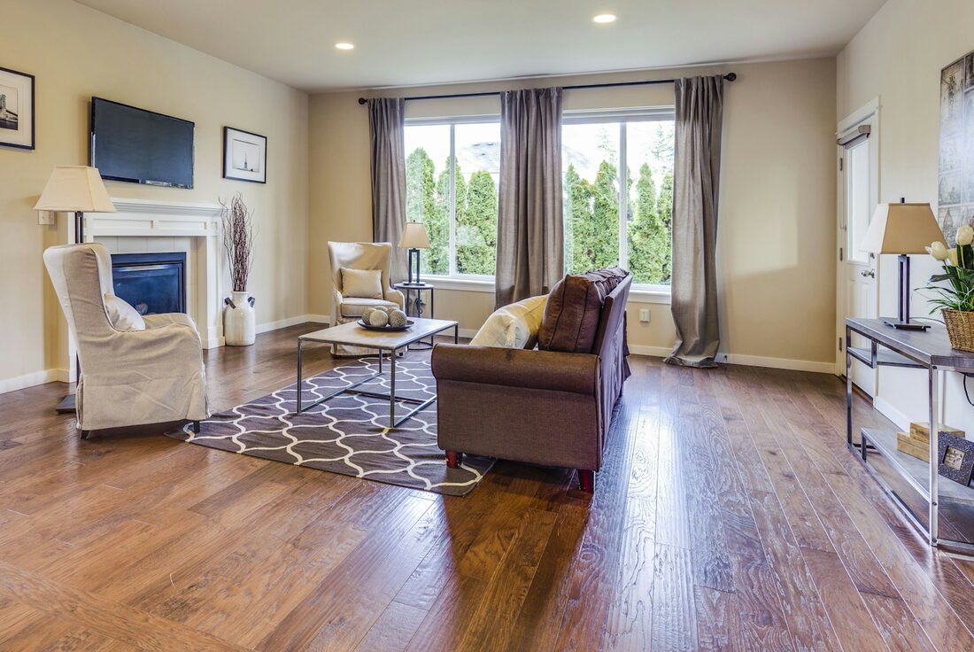 Hardwood flooring in a finished living room